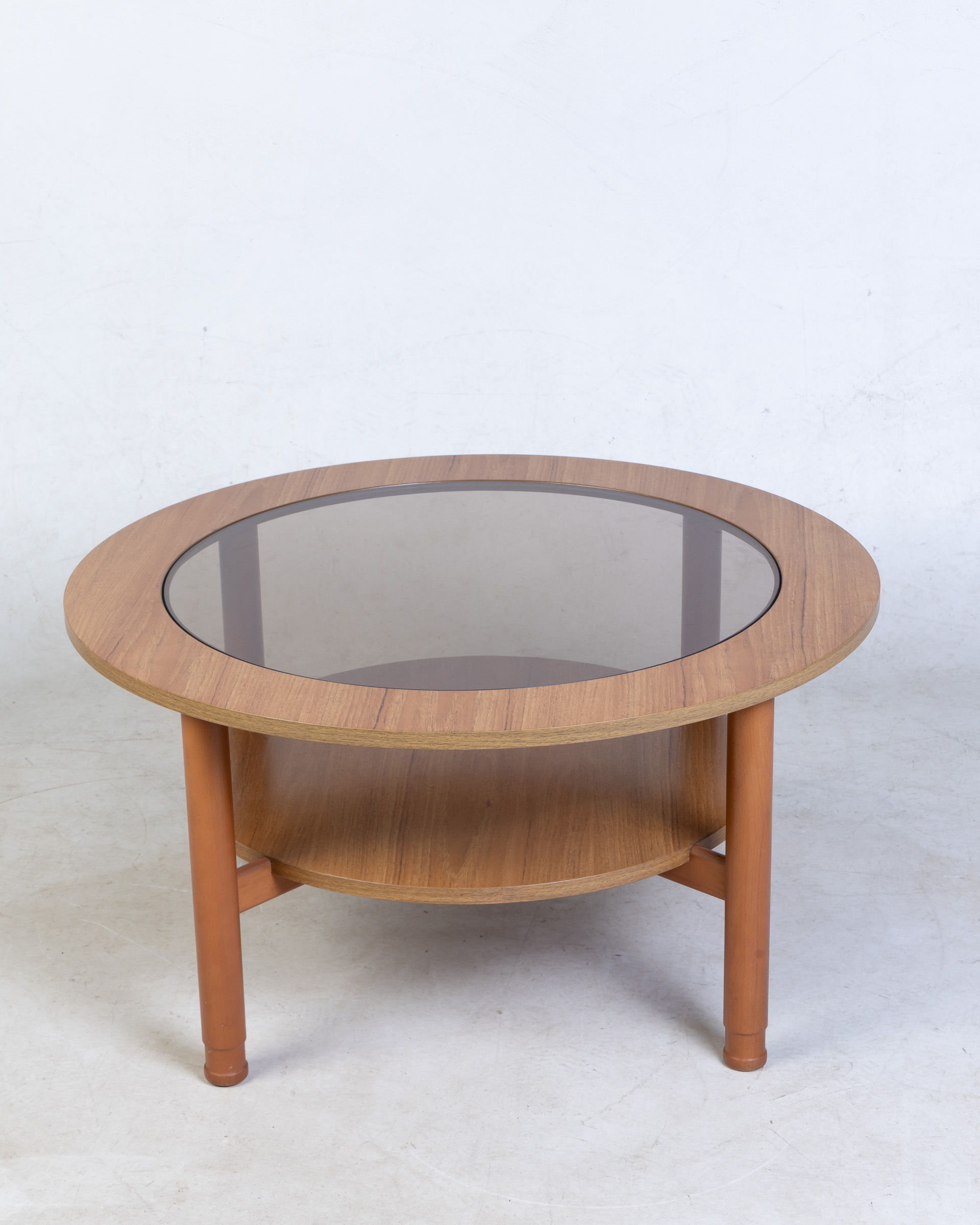 Vintage Mid-Century Wood Coffee Table with Smoked Glass & Lower Shelf