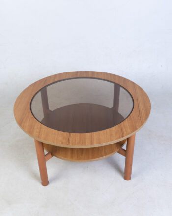 Vintage Mid-Century Wood Coffee Table with Smoked Glass & Lower Shelf