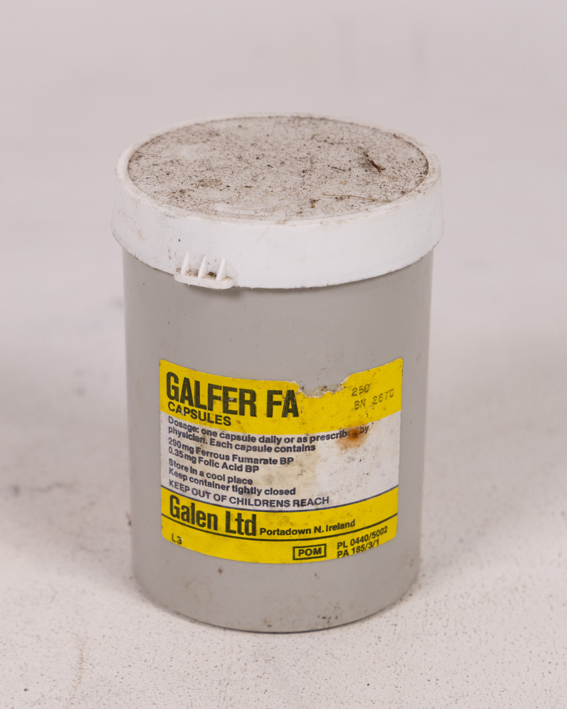 Vintage Galfer FA Plastic Capsule Container with Yellow Label