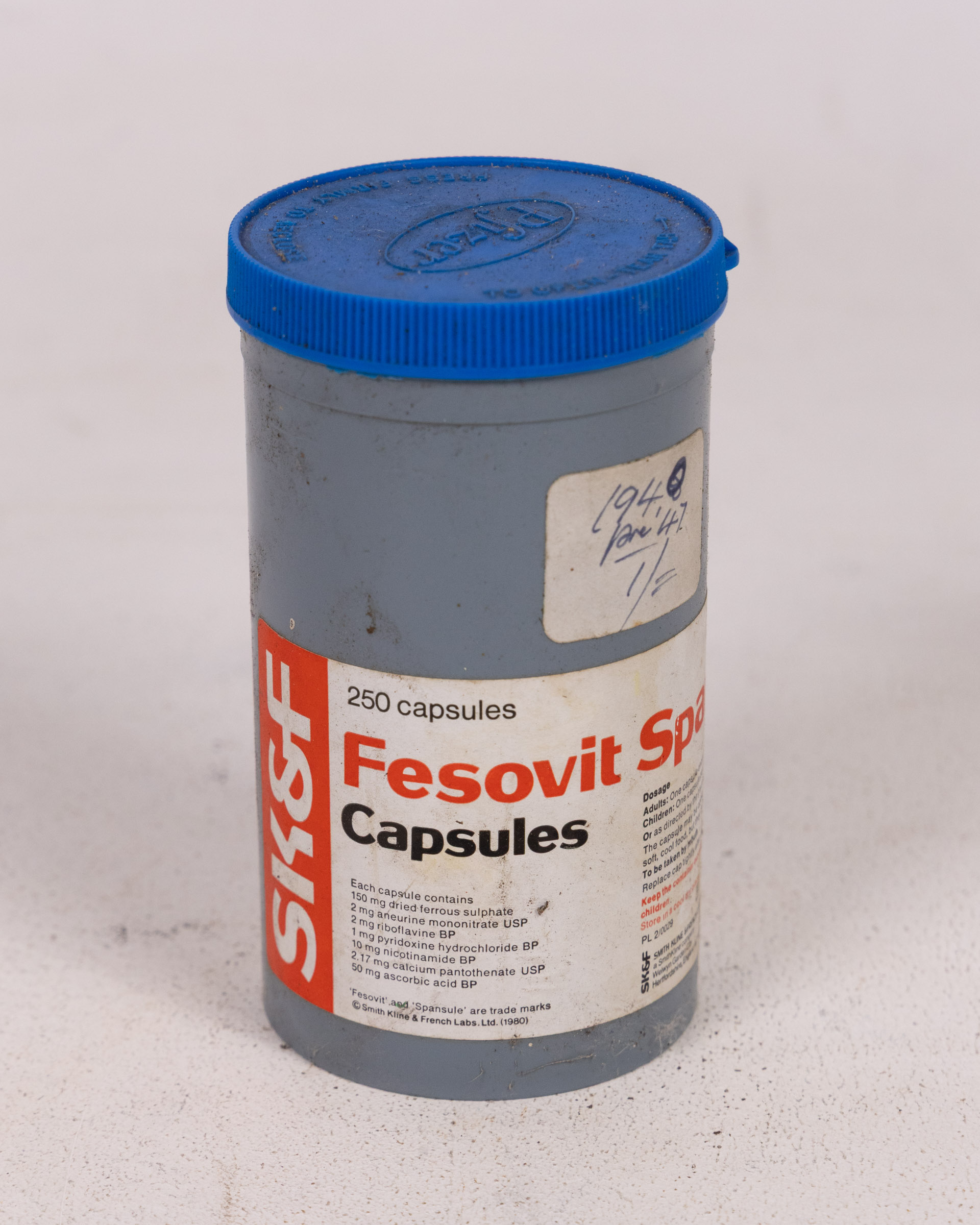 Vintage SK&F Fesovit Spansule Plastic Container with Blue Lid
