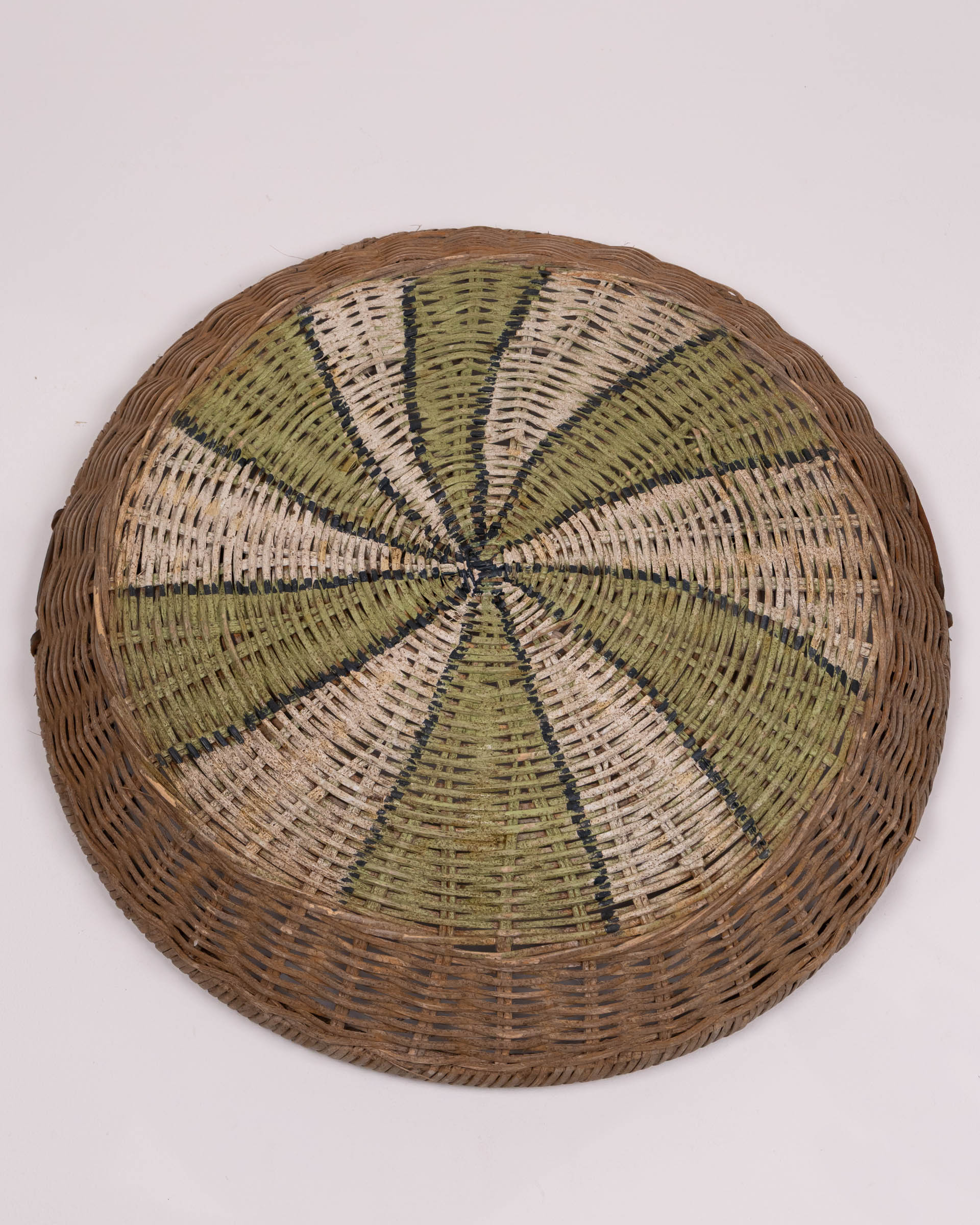 Rustic Wicker Bowl with Hand-Painted Green & Cream Design, Decorative