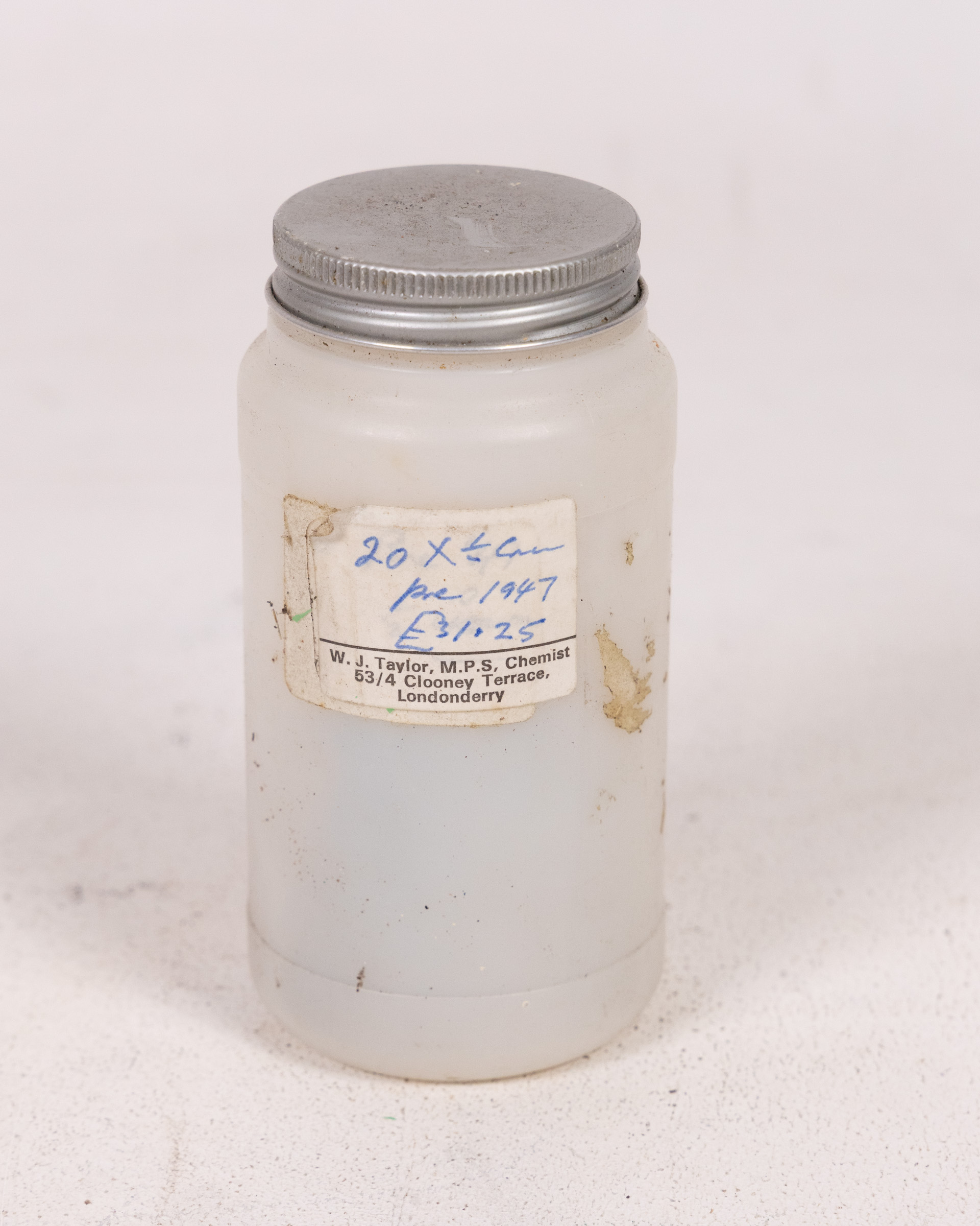 Vintage W. J. Taylor Londonderry Chemist Jar, Plastic with Metal Lid