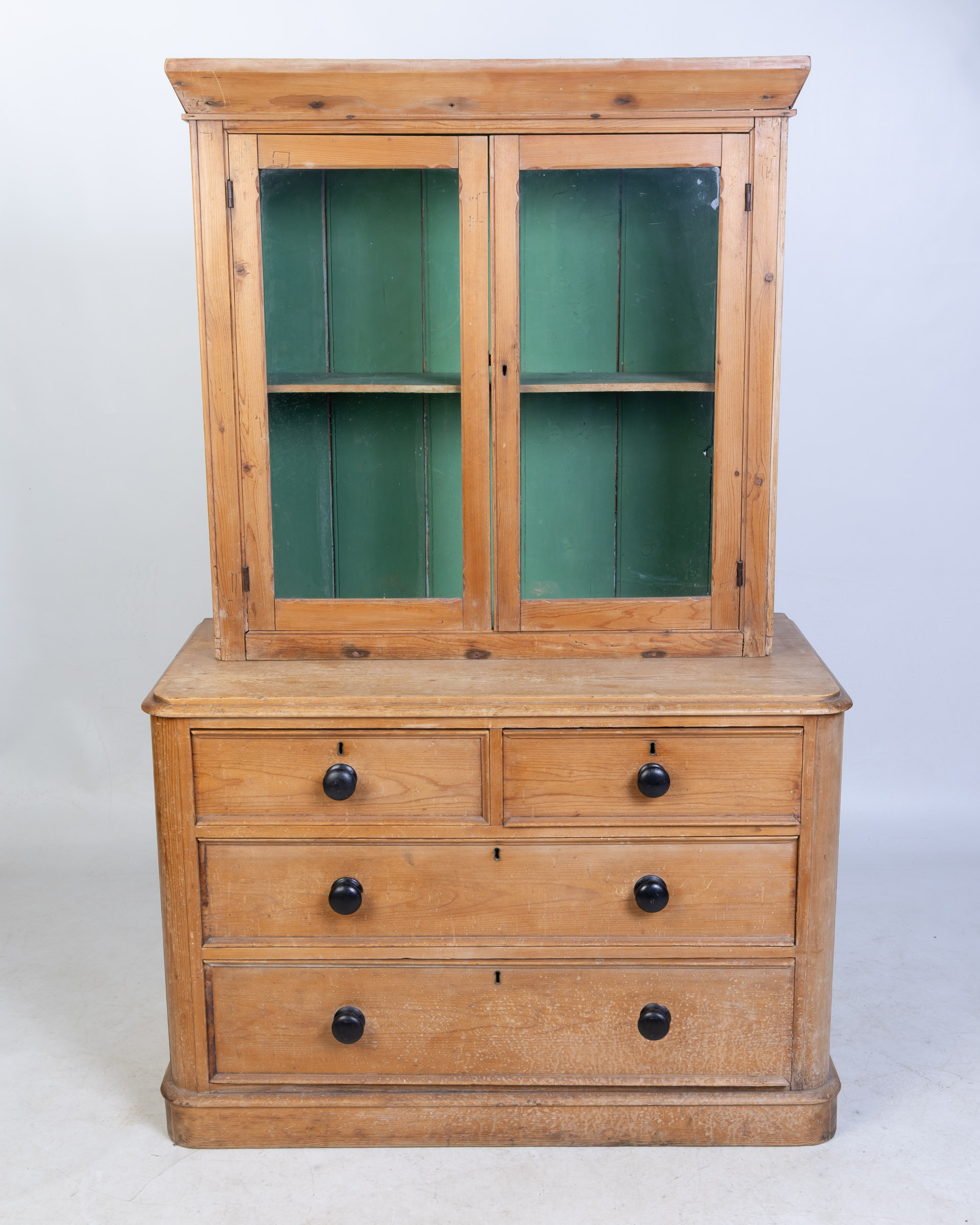 Antique Pine Dresser Cabinet with Glass Doors & Green Interior