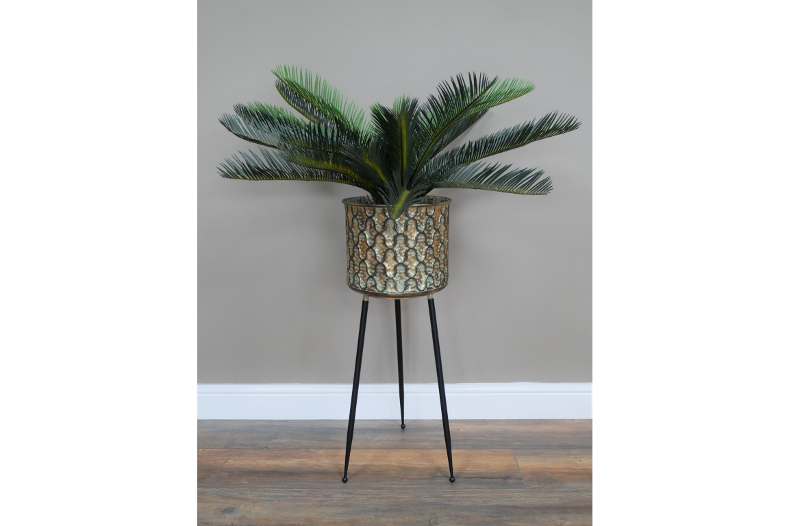 Retro Plant Stand with Hairpin Legs, Brown & Turquoise Planter Pot