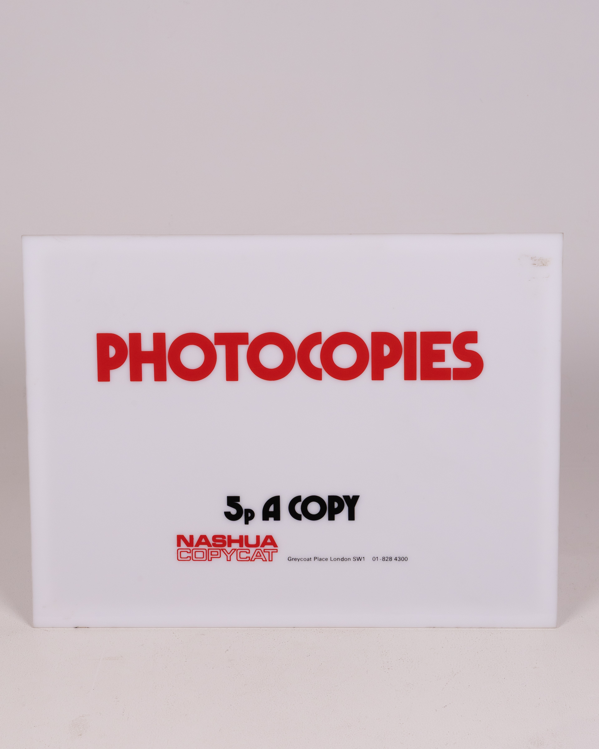Vintage Nashua Copycat ‘Photocopies’ Sign, Red & White Plastic Signage