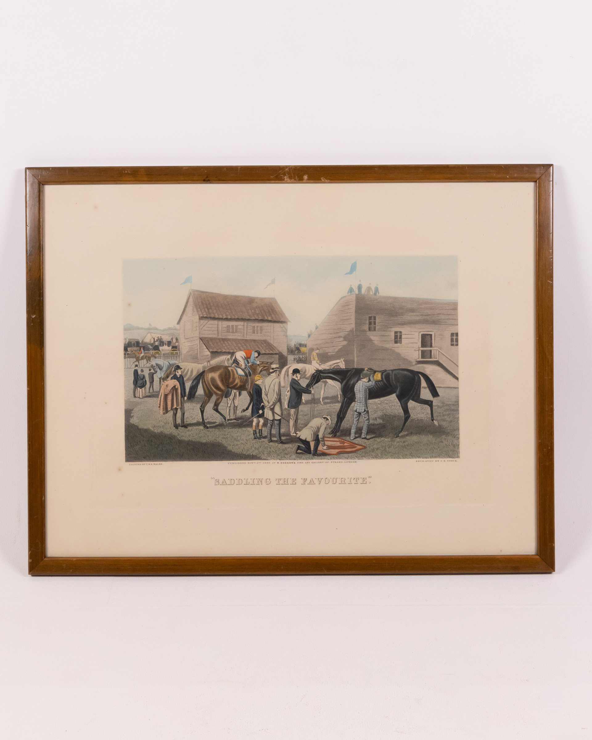 Antique Framed Print ‘Saddling the Favourite’ Horse Racing Scene
