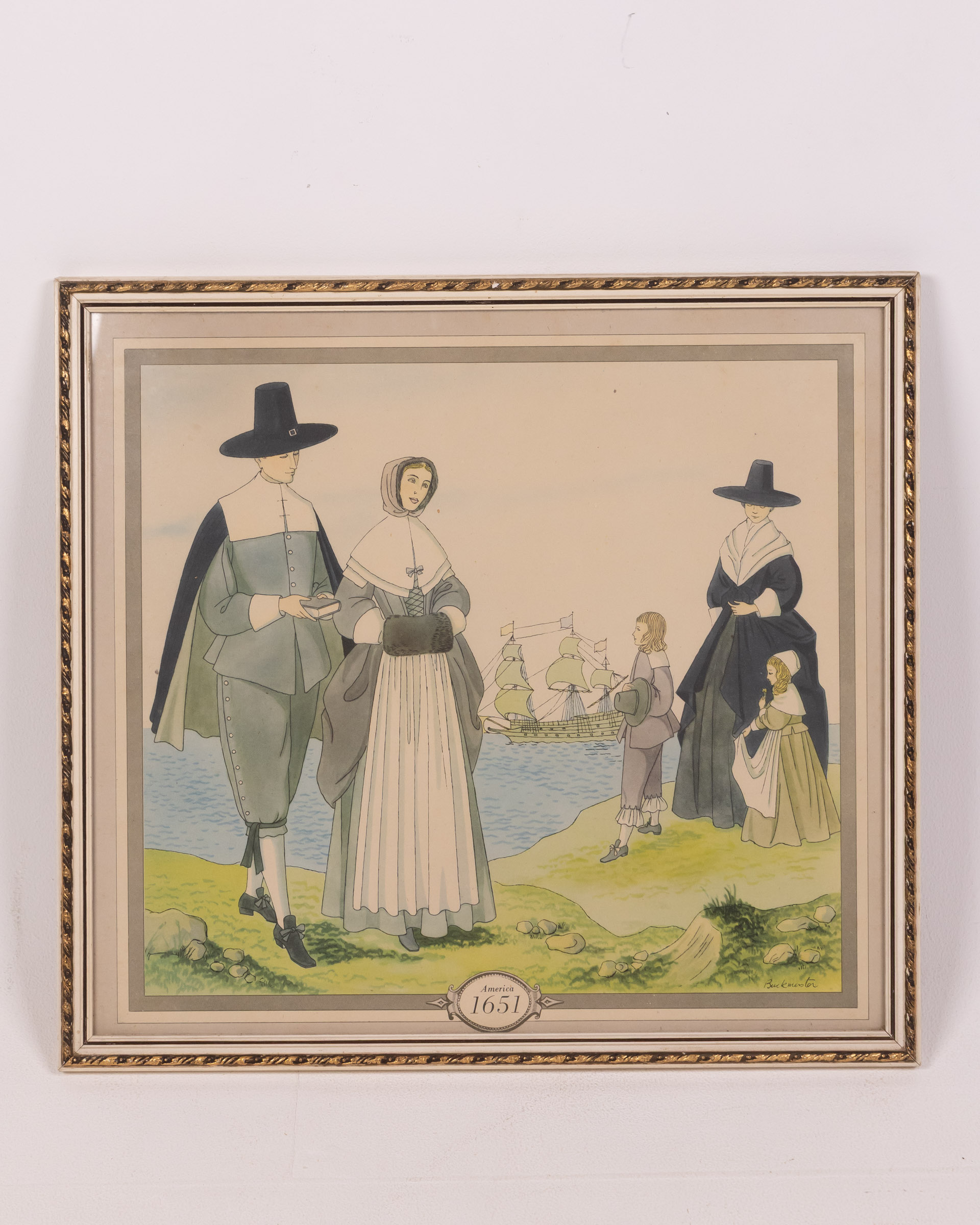 Vintage Framed Print of Puritan Families, America 1651