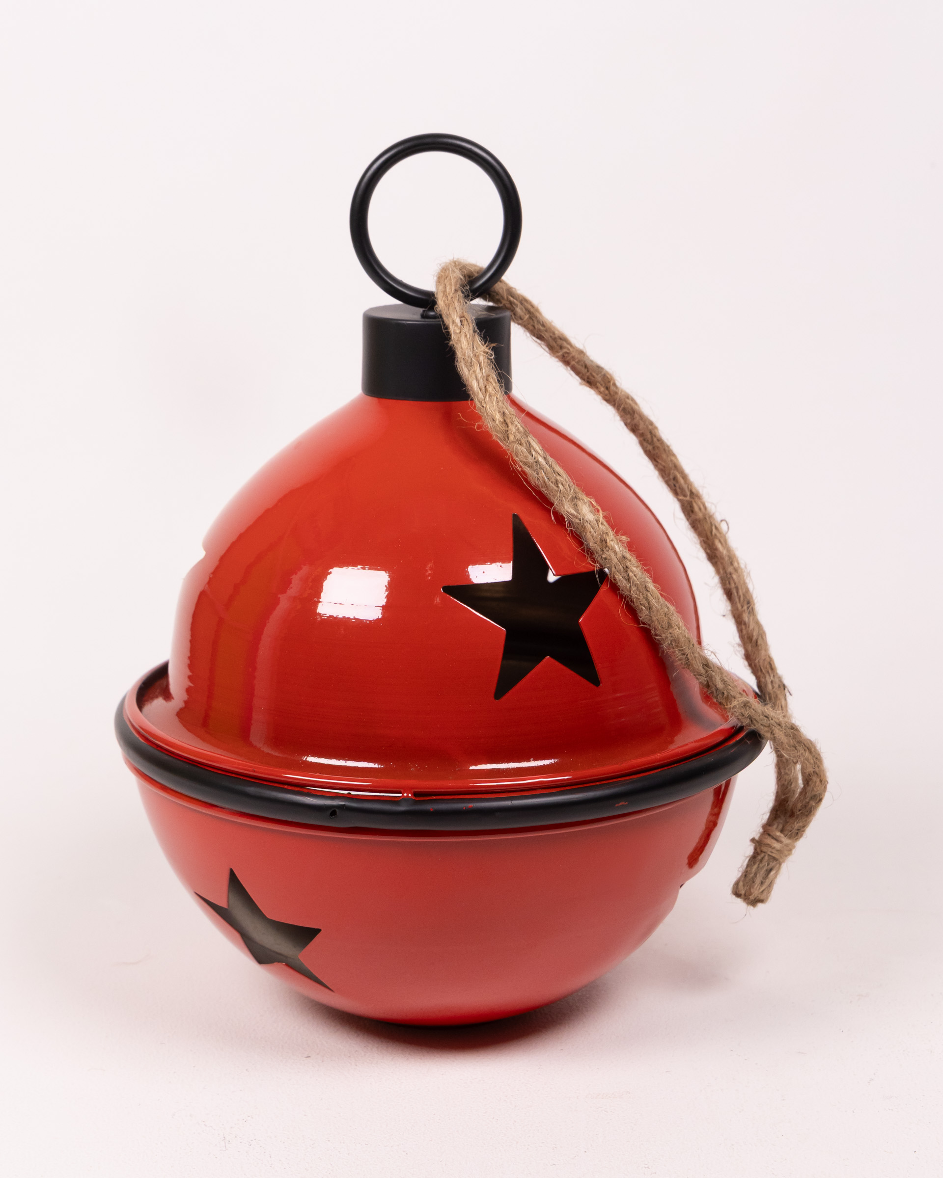 Red Christmas Bauble Lantern with Star Cutouts & Rope Handle Decoration