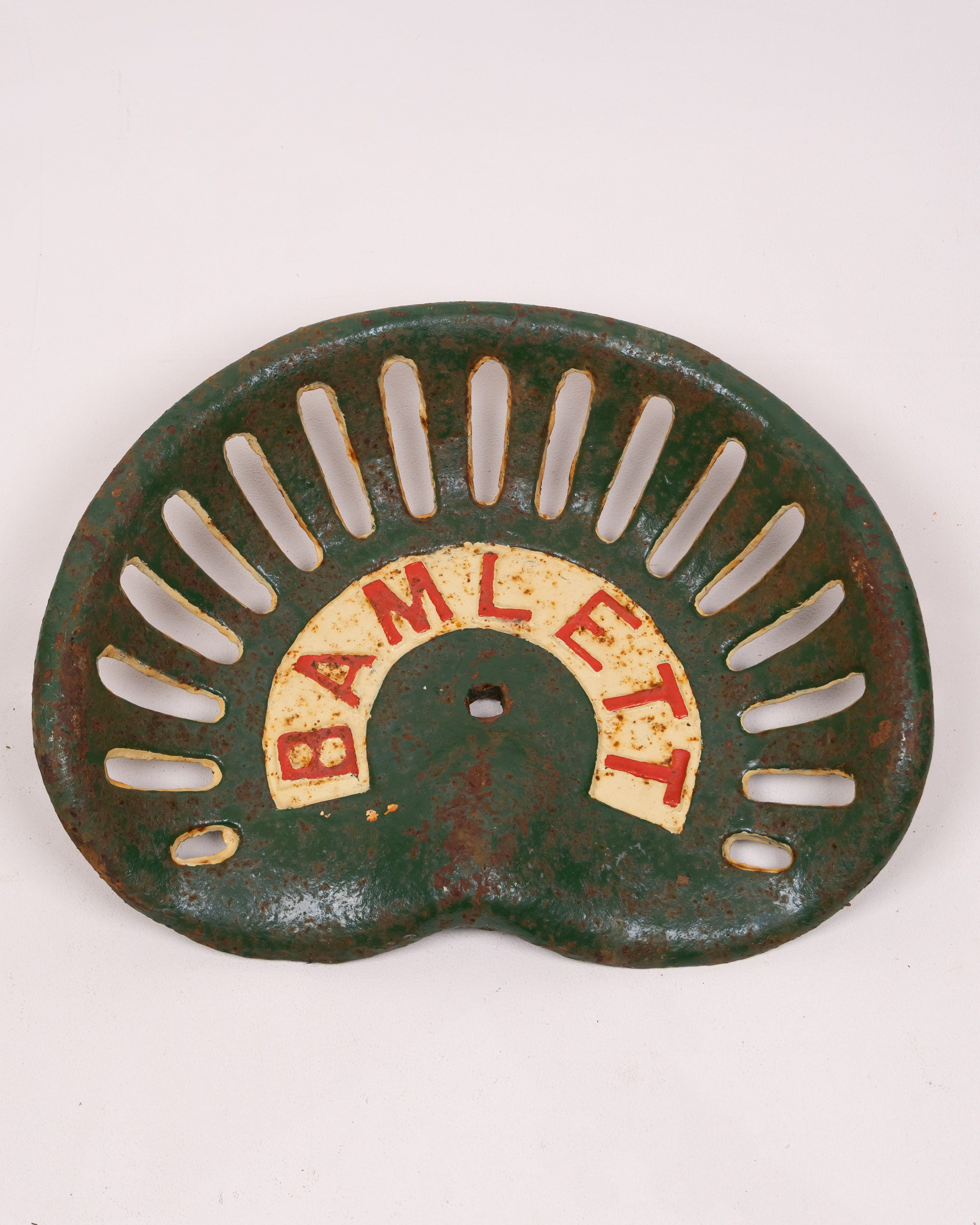 Vintage Bamlett Tractor Seat, Cast Iron Farmhouse Decor, Green & Cream