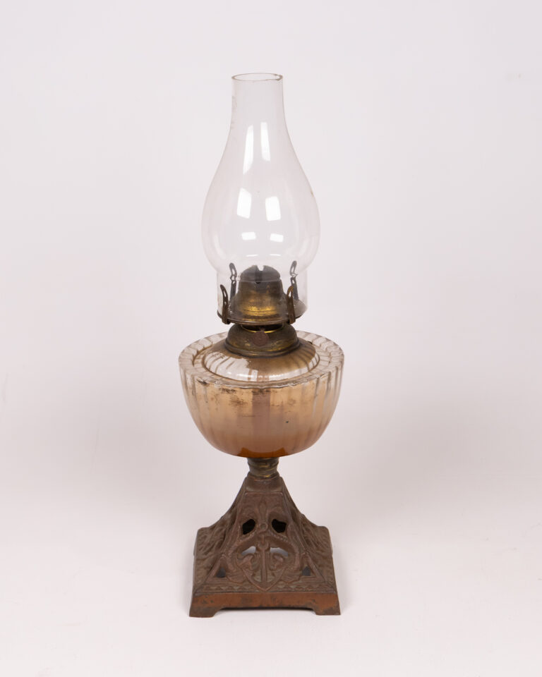 Antique Oil Lamp with Metal Base and Clear Glass Chimney