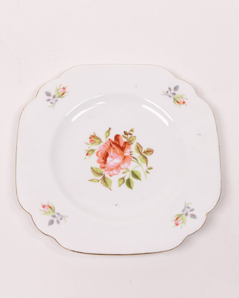 Vintage Ceramic Plate with Pink Rose Floral Design & Gold Trim
