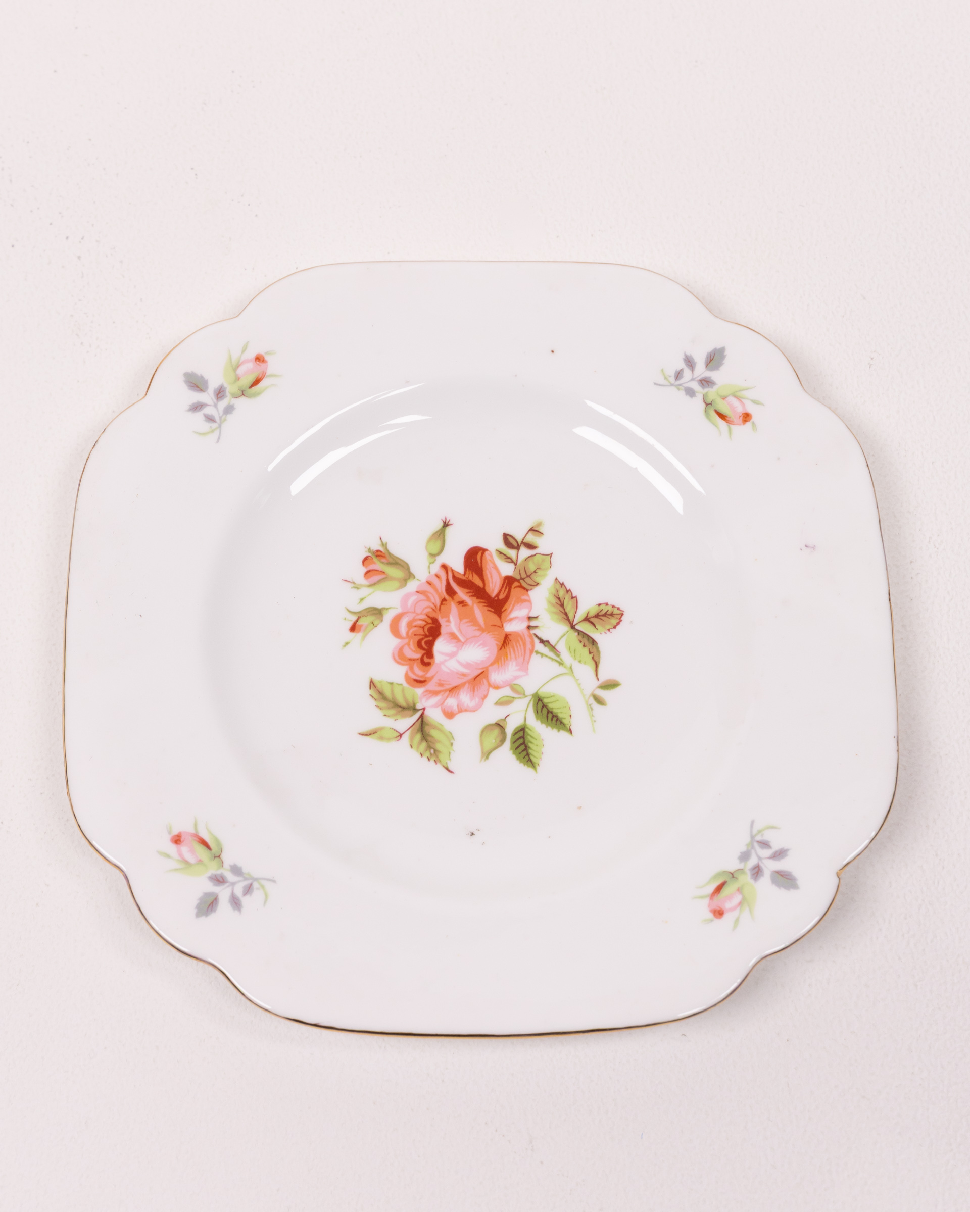 Vintage Ceramic Plate with Pink Rose Floral Design & Gold Trim