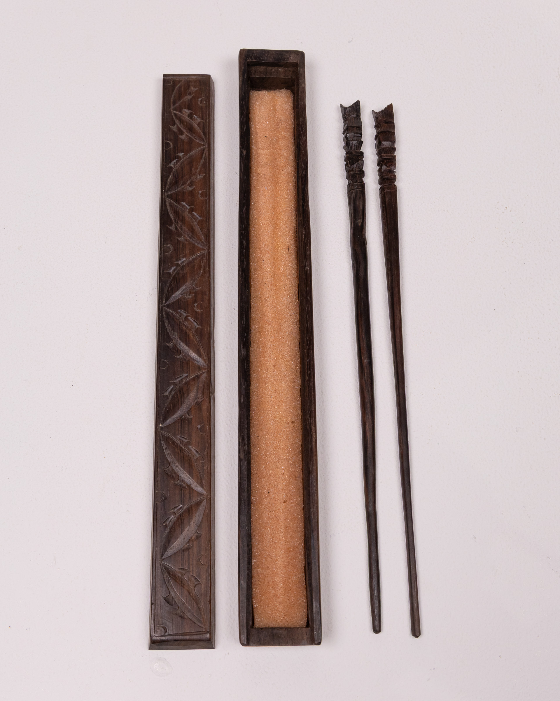 Vintage Dark Wood Chopsticks and Carved Case, Oriental Dining Set