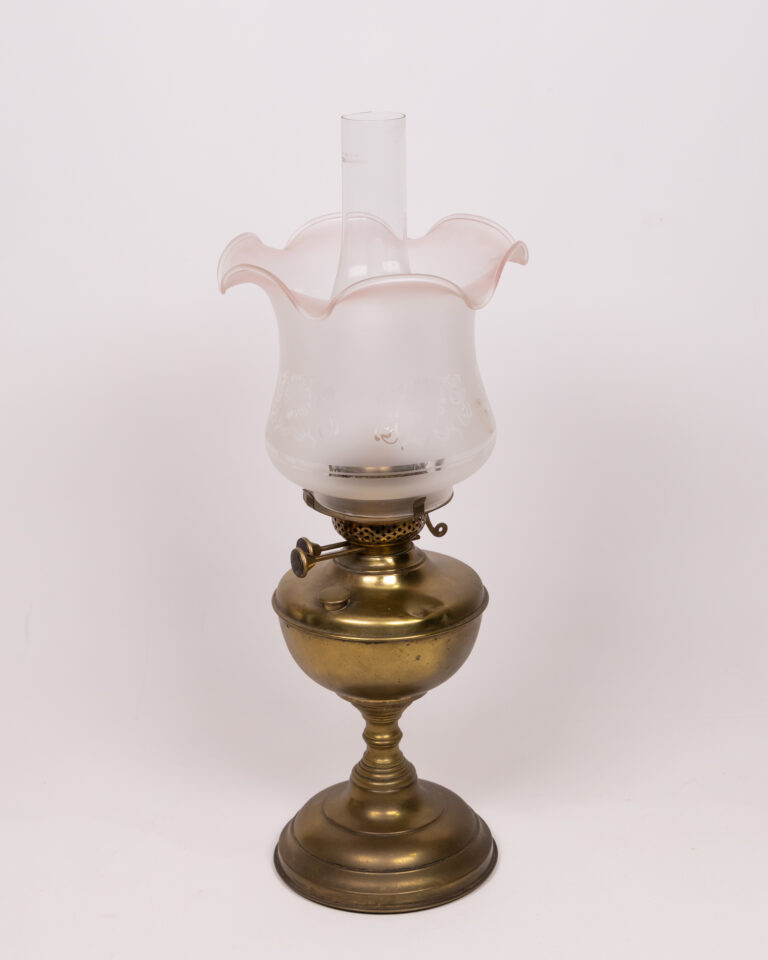 Vintage Brass Oil Lamp with Floral Frosted Glass Tulip Shade
