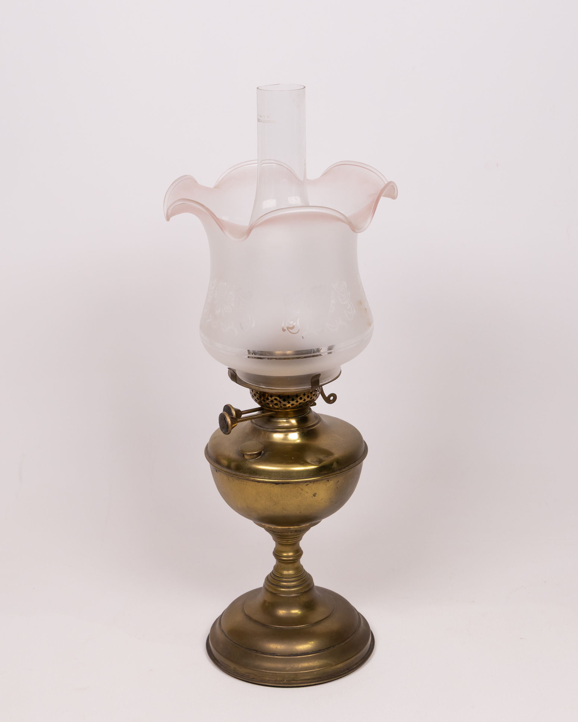 Vintage Brass Oil Lamp with Floral Frosted Glass Tulip Shade