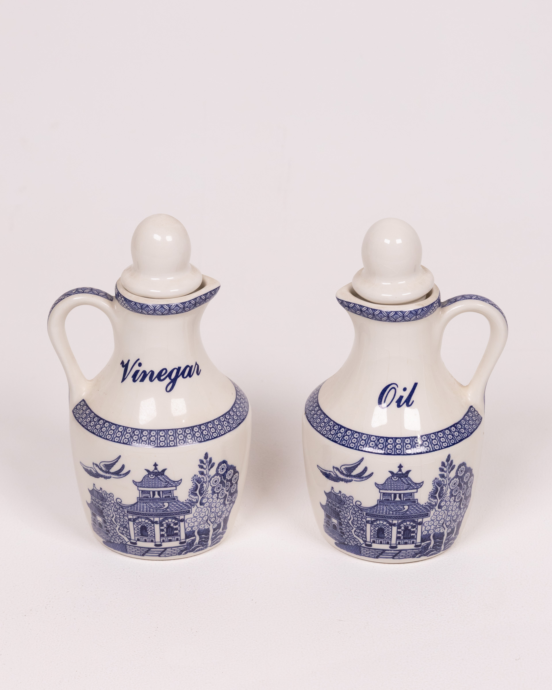 Vintage Ceramic Oil and Vinegar Bottle Set Blue Willow Design