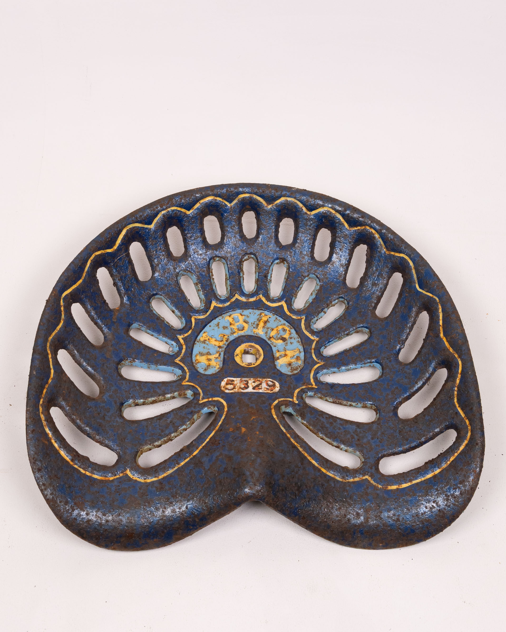 Vintage Blue and Gold Metal Tractor Seat, Farmhouse Industrial Decor