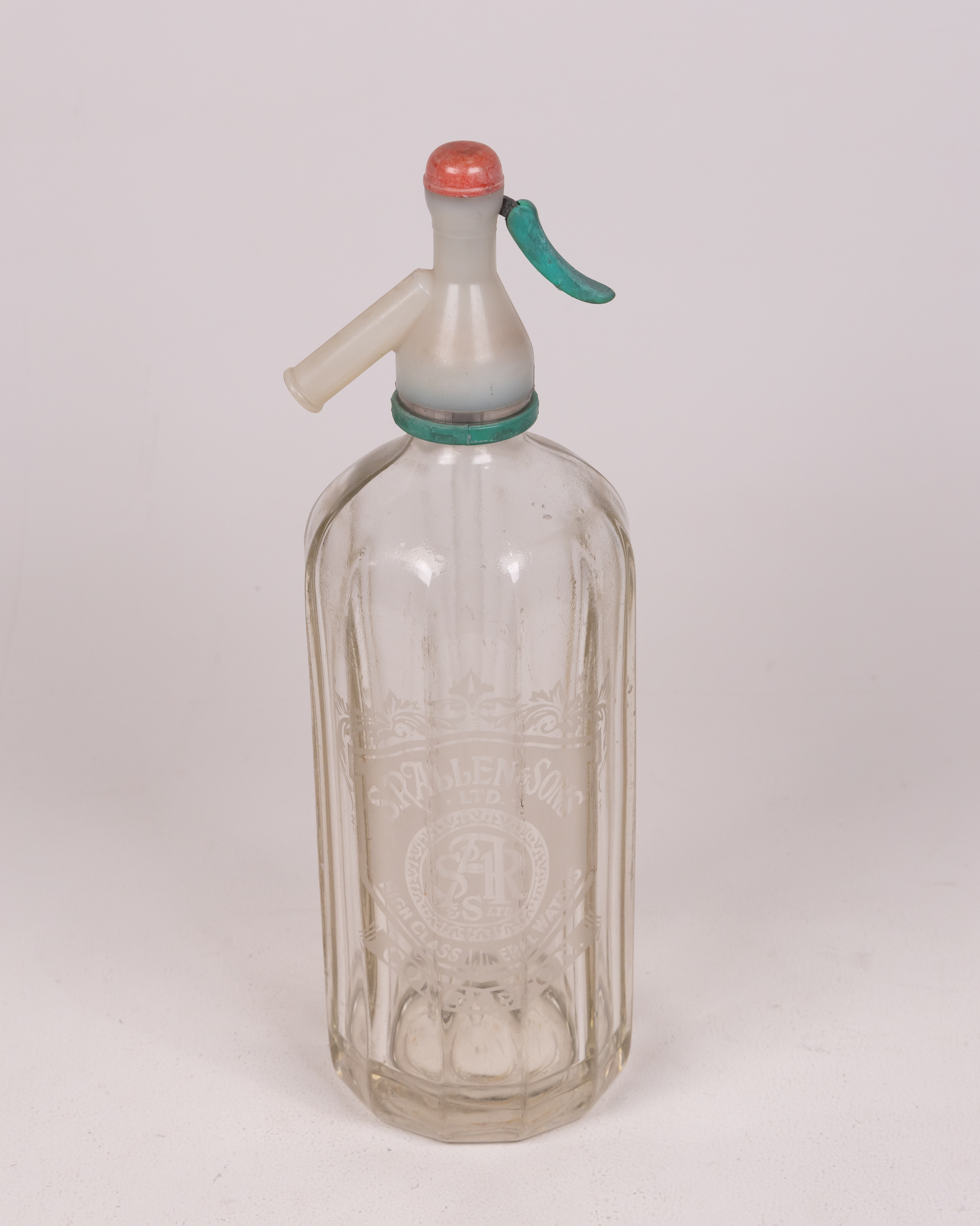 Vintage S. R. Allen & Sons Glass Soda Siphon with Green Handle
