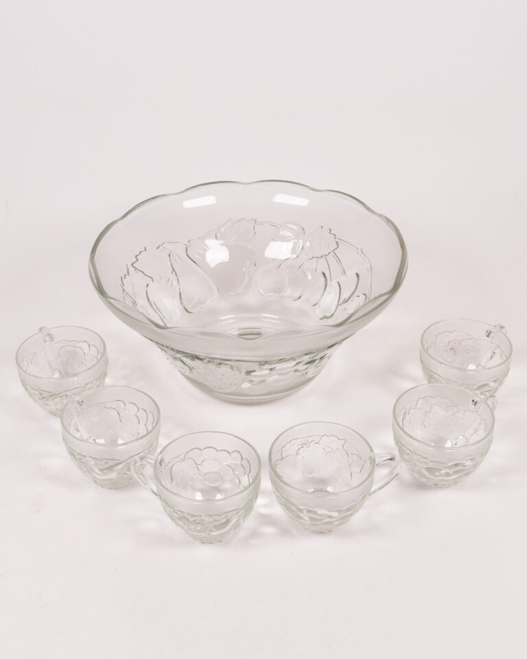 Vintage Clear Glass Punch Bowl Set with Fruit Design & 6 Cups
