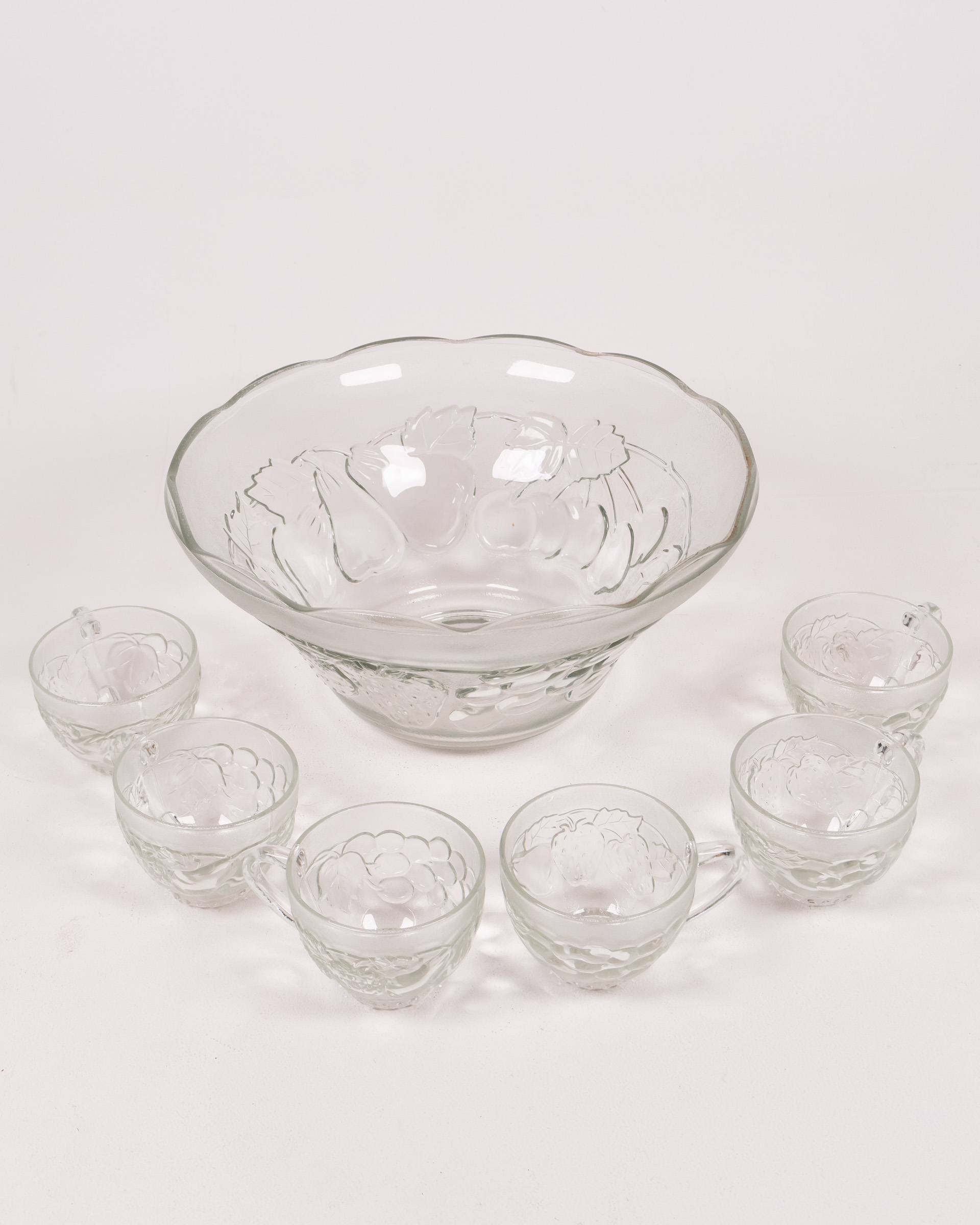 Vintage Clear Glass Punch Bowl Set with Fruit Design & 6 Cups