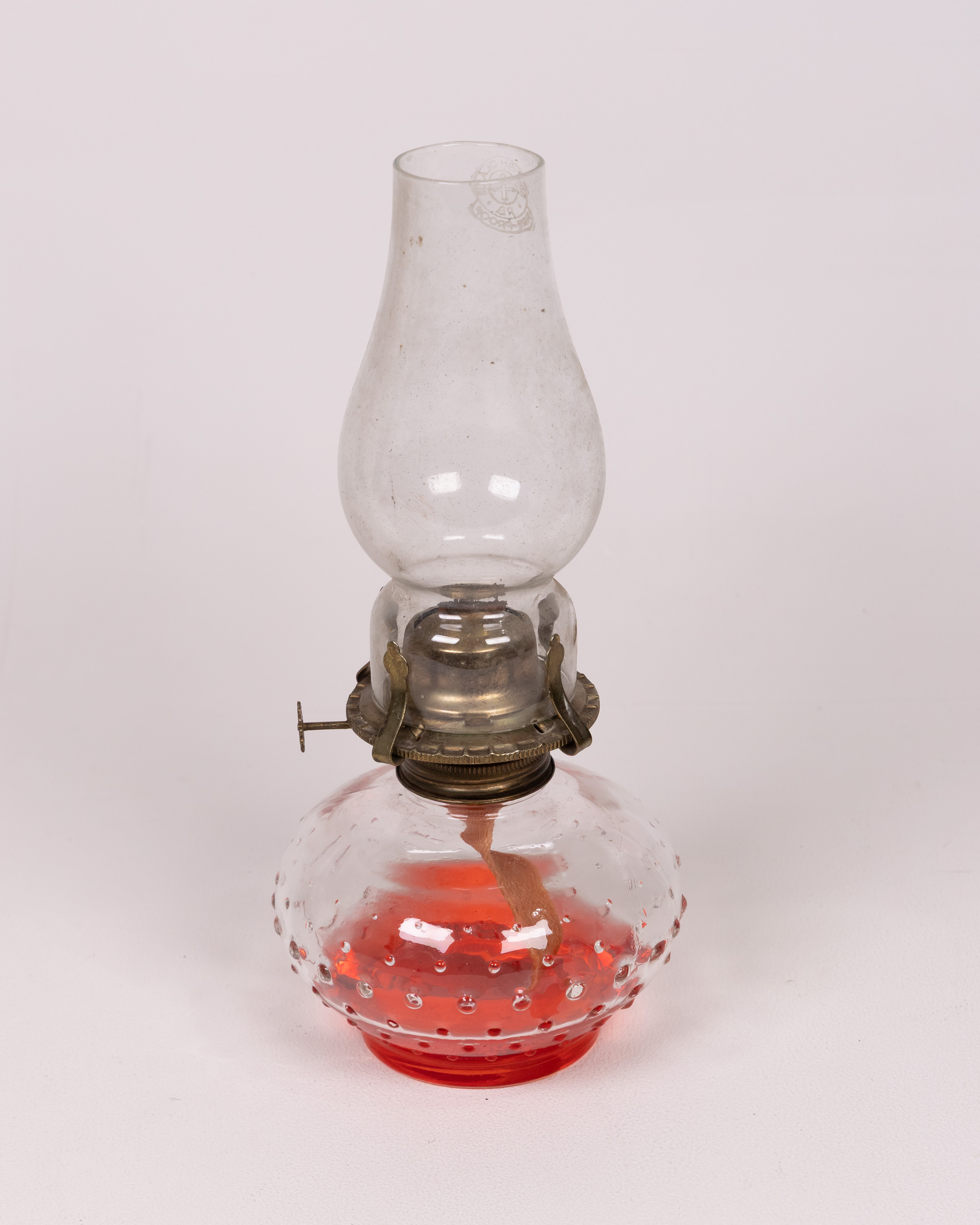 Vintage Red Hobnail Glass Oil Lamp with Clear Shade