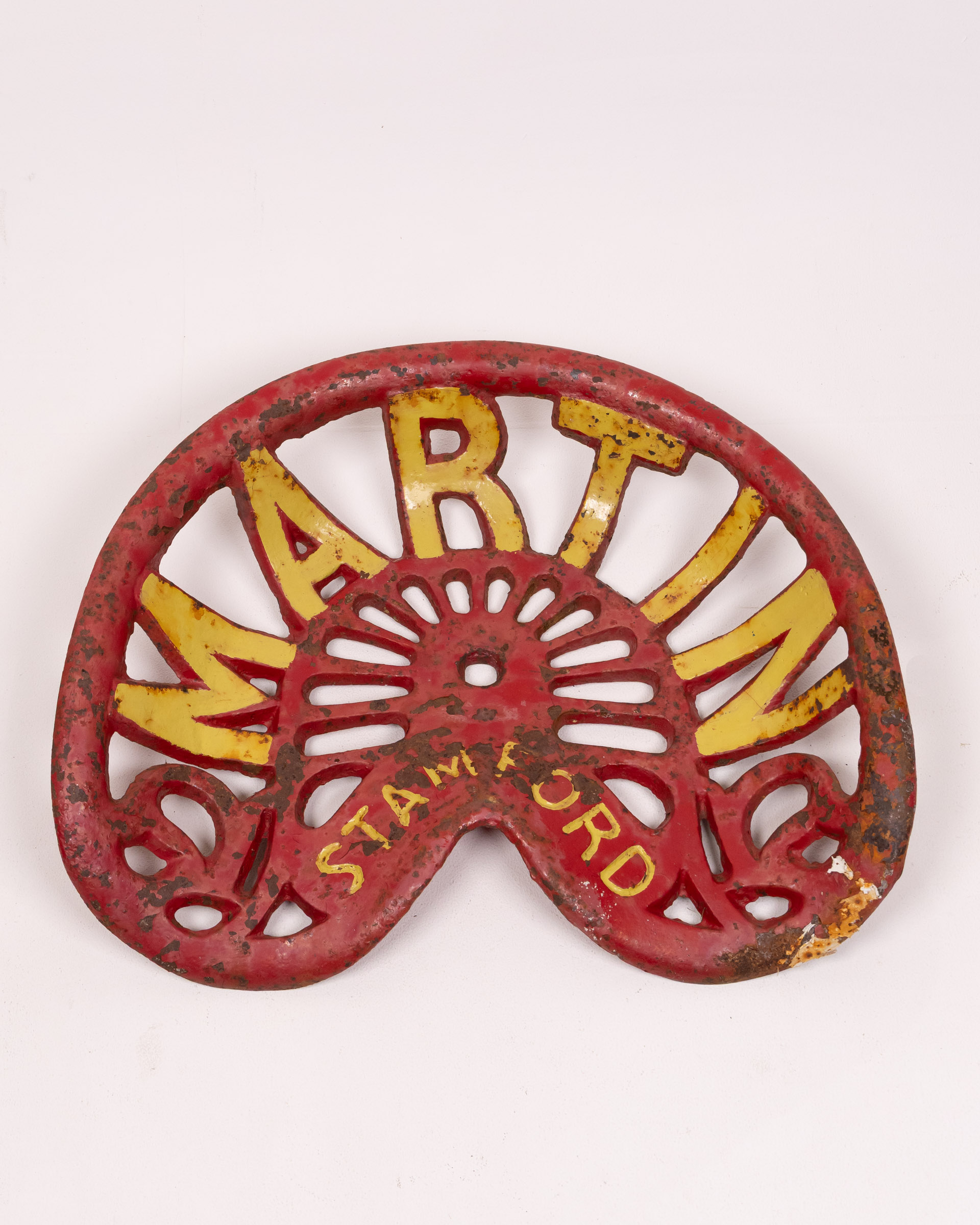 Vintage MARTIN STAMFORD Cast Iron Tractor Seat, Rustic Red & Yellow