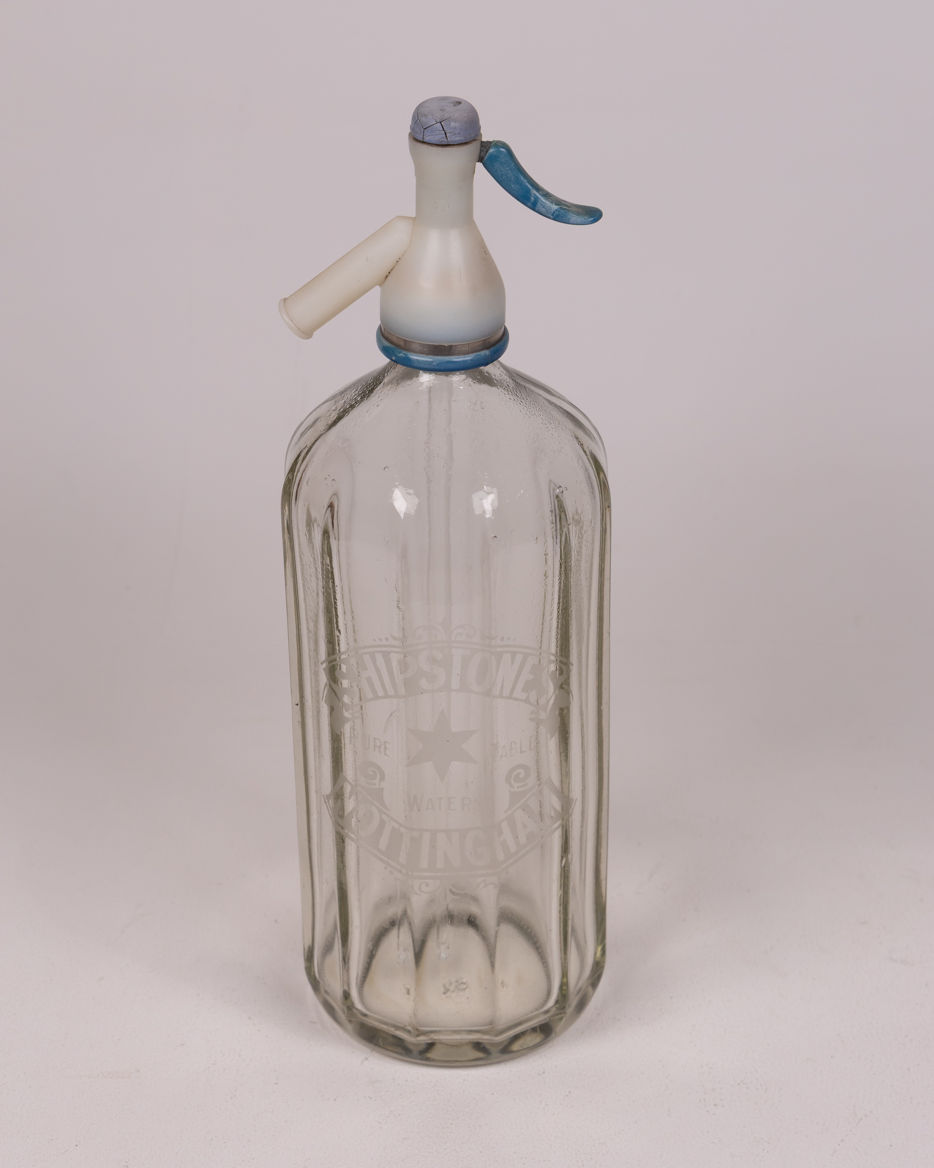 Vintage Shipstone’s Glass Soda Siphon with Blue Handle