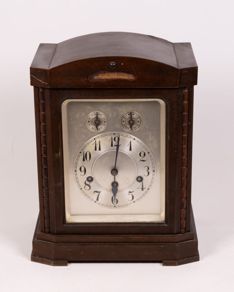 Vintage Mantle Clock, Silver Dial & Brown Wood Casing, Home Decor Piece