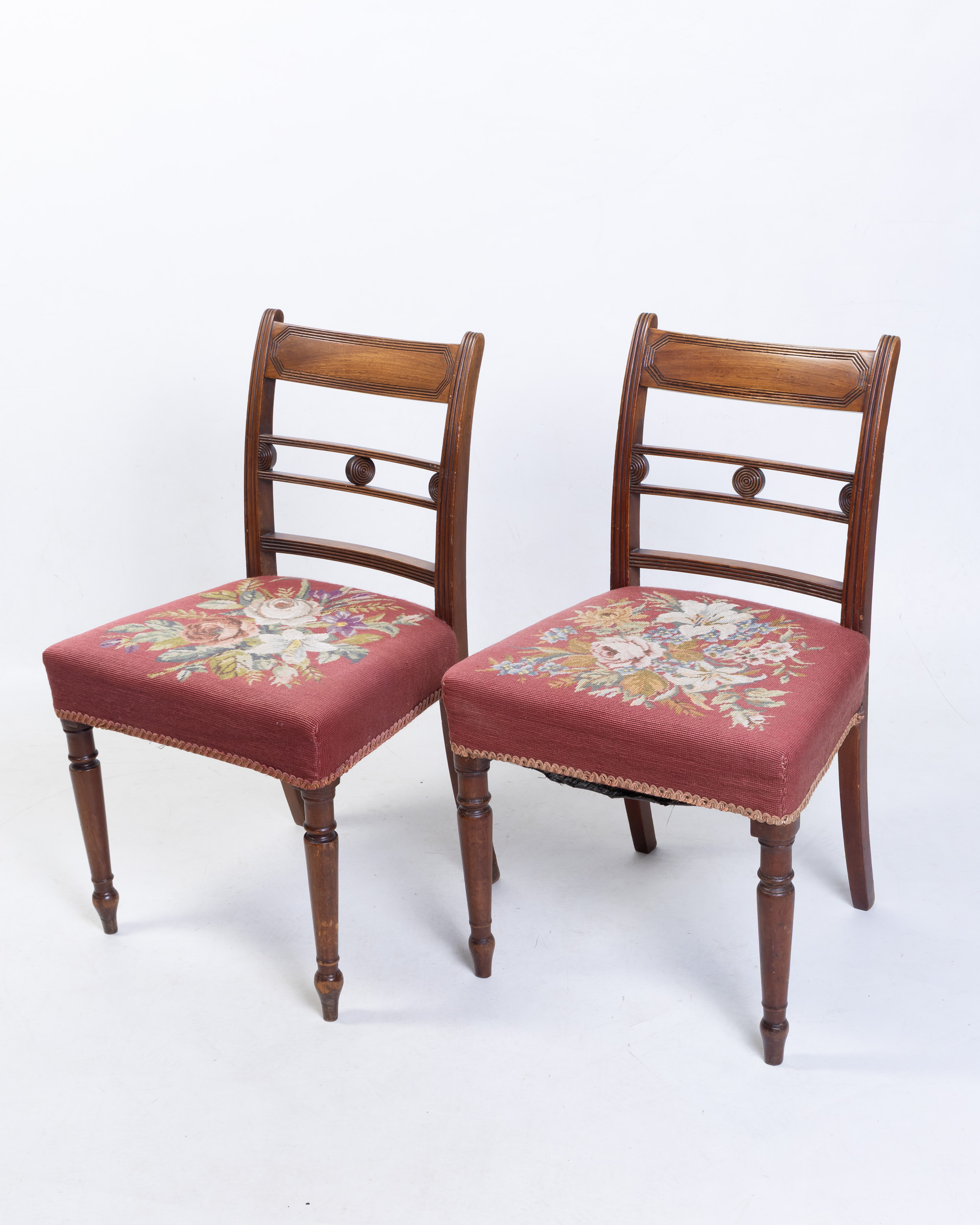 Pair of Antique-Style Wooden Dining Chairs with Floral Needlepoint