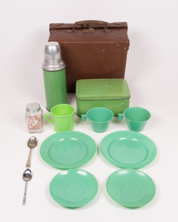 Vintage Stadium Picnic Set, Green Plates Cups & Flask, Suitcase Carrier