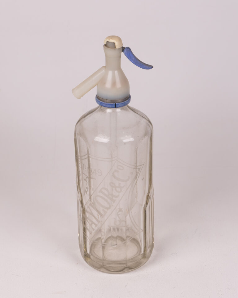 Vintage Taylor & Co. Glass Soda Siphon with Blue Lever