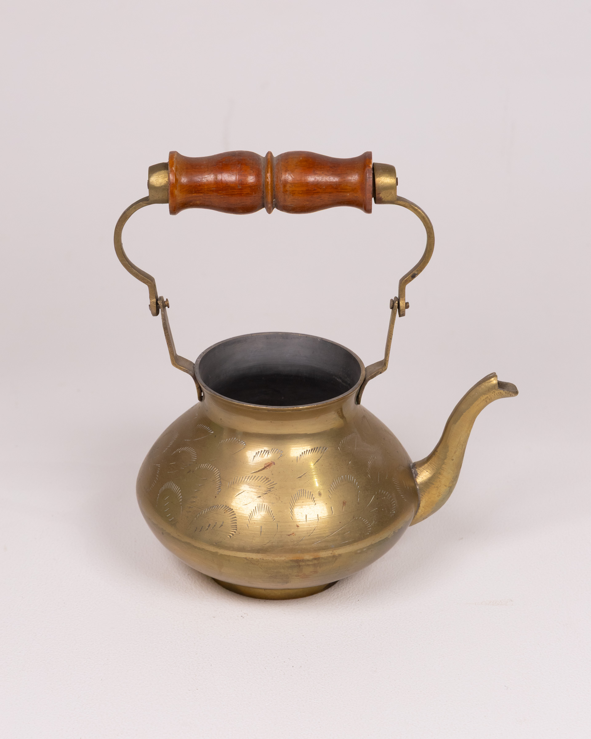 Vintage Etched Brass Teapot with Wooden Handle, Decorative Gold Teapot
