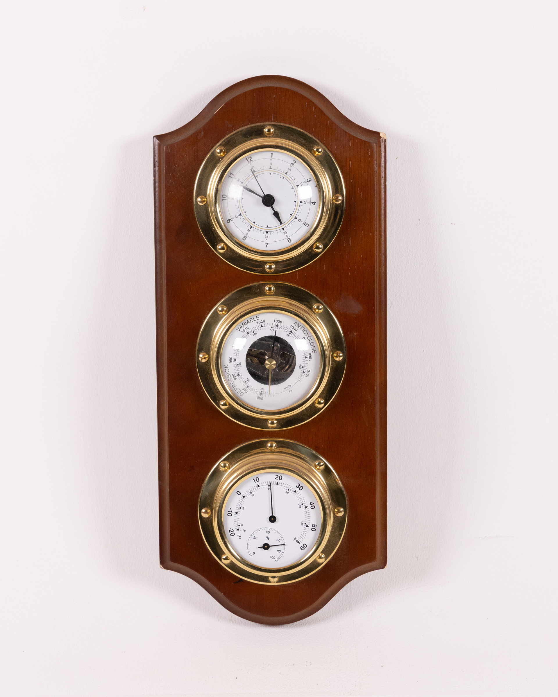 Nautical Style Wood Barometer Thermometer and Clock Wall Hanging
