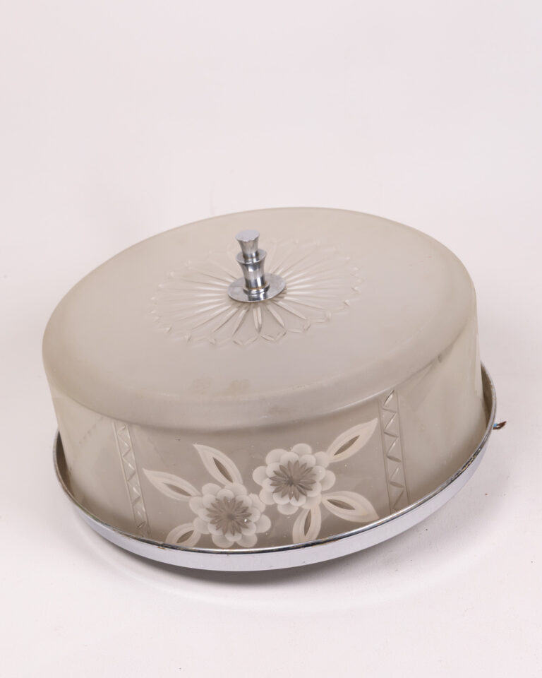 Vintage Etched Glass light fitting with Chrome Base, Floral Design Lid