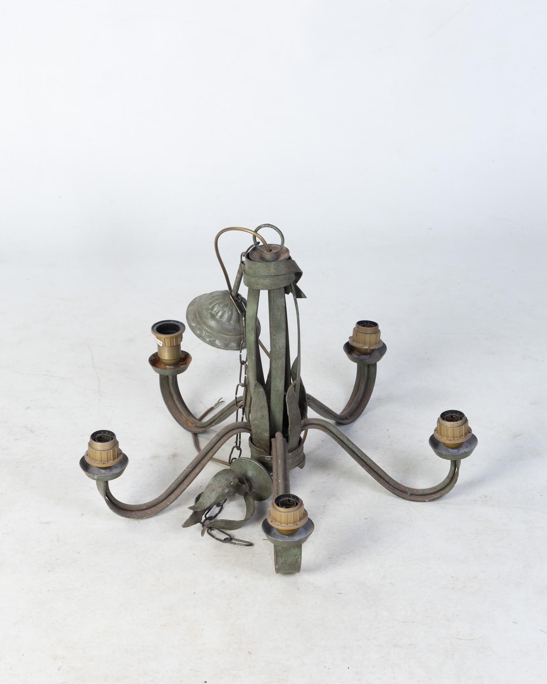 Vintage-Style Aged Green Metal Five-Arm Ceiling Chandelier