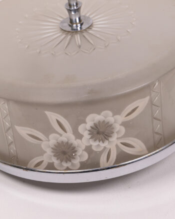 Vintage Etched Glass light fitting with Chrome Base, Floral Design Lid