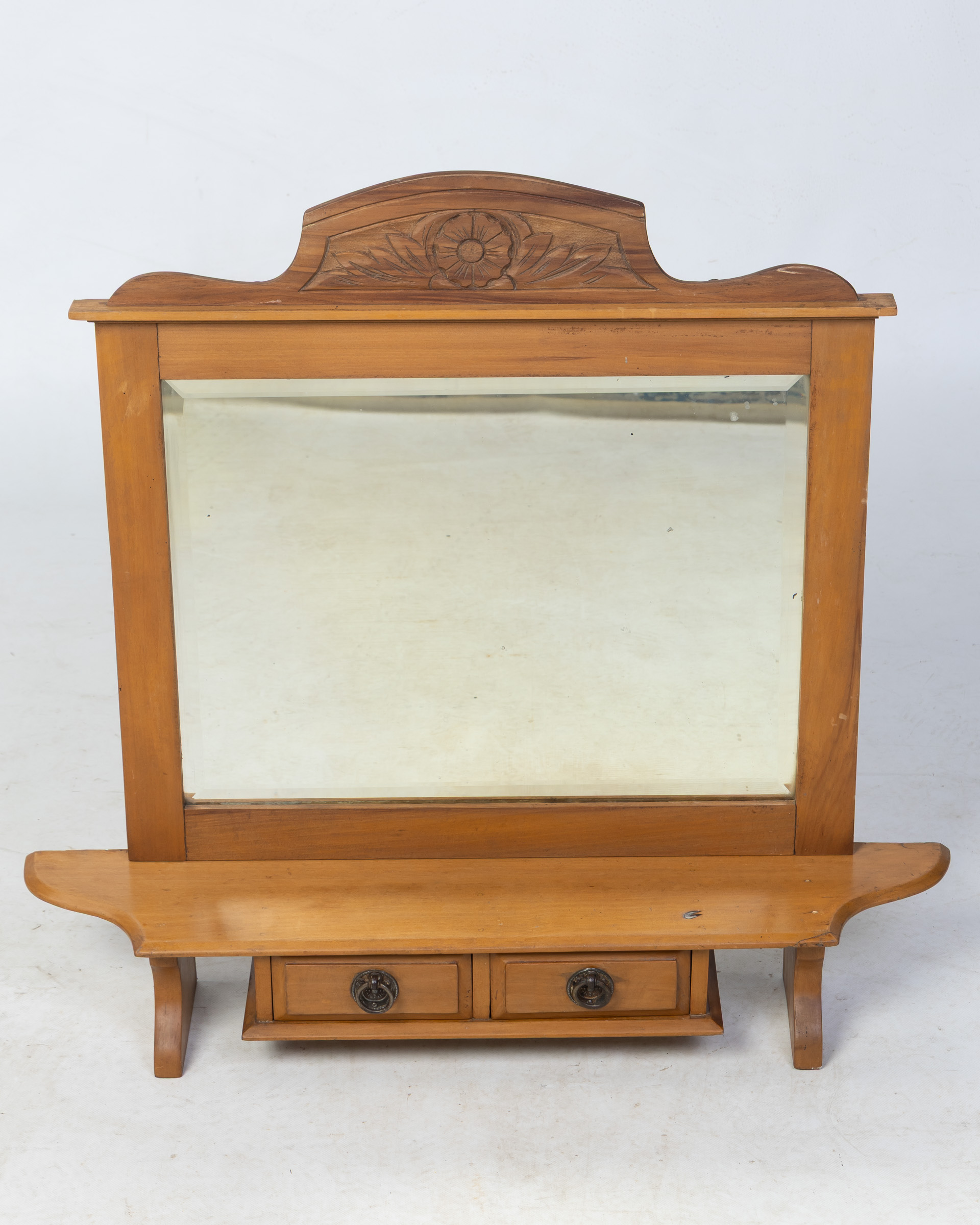 Vintage Wooden Mirror with Drawers & Carved Detail, Brown Vanity Mirror