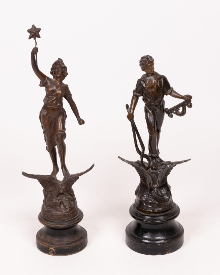 Pair Bronzed metal Figural Statues, Classical Figures on Eagle Bases, Wooden Plinths