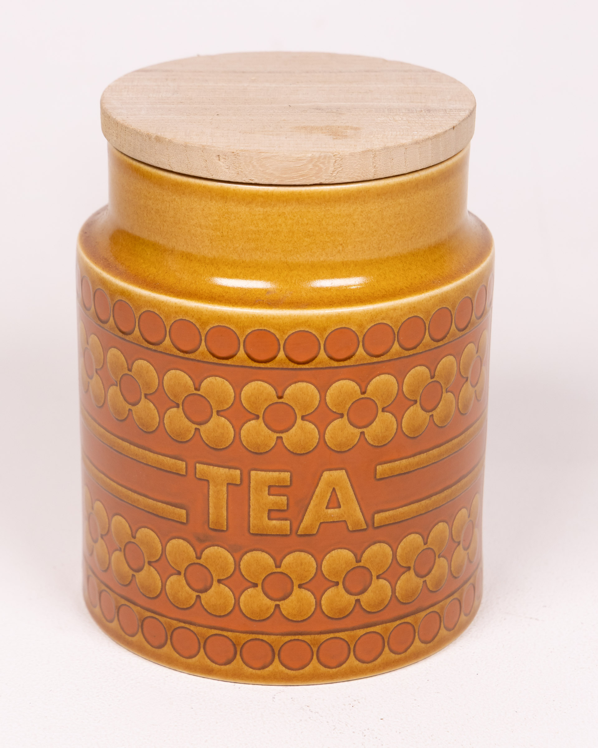 1970s Hornsea Saffron Tea Caddy Ceramic Storage Jar, Wooden Lid, 1970s Retro