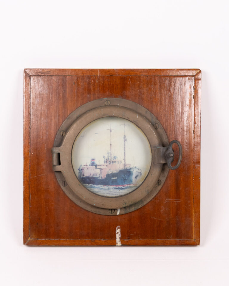 Vintage Porthole Wall Art with Ship Painting, Wooden Frame, Nautical Decor