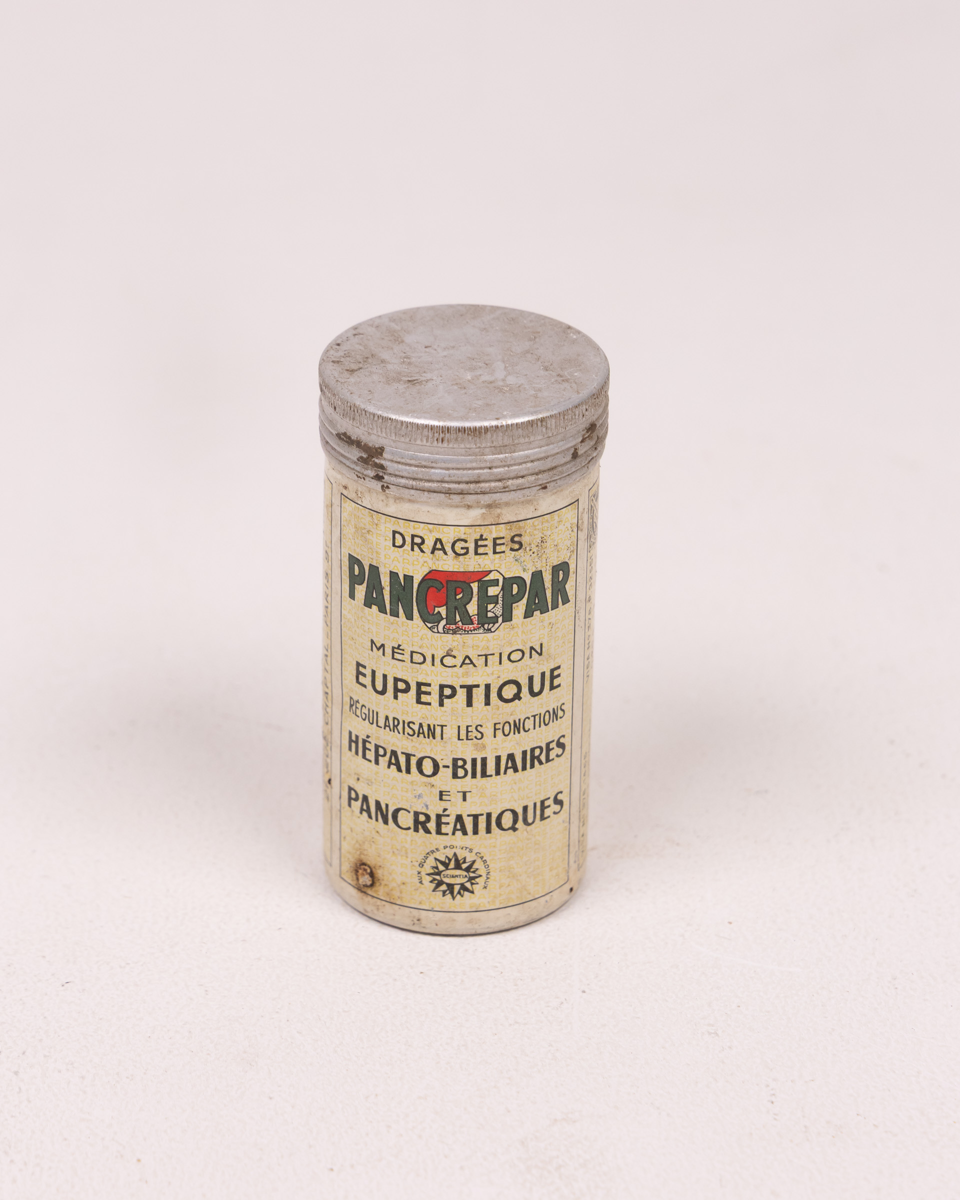 Vintage Pancrépar Metal Medication Container with French Label