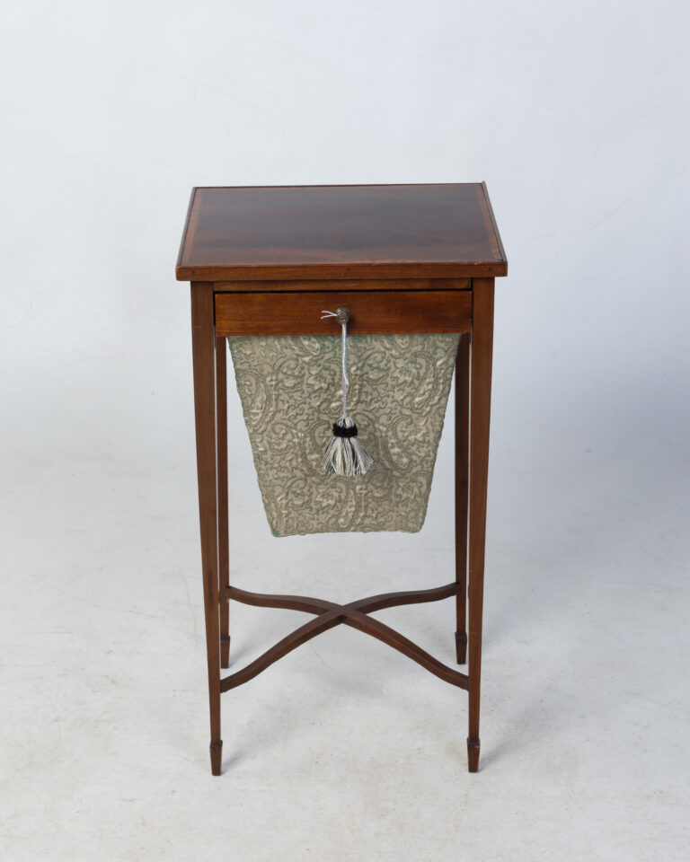 Vintage Mahogany Sewing Table with Drawer & Fabric Bag - Ornate Pattern