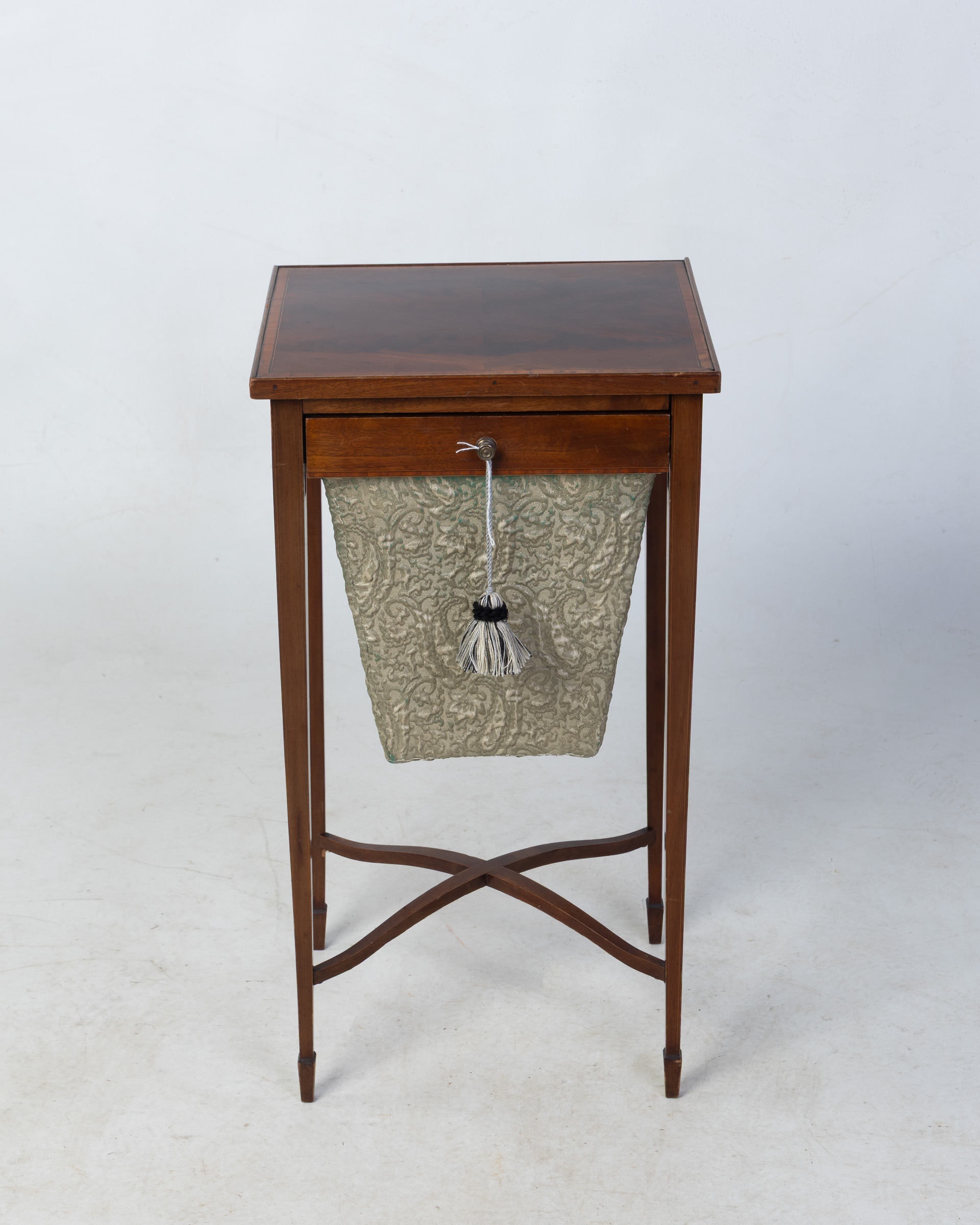 Vintage Mahogany Sewing Table with Drawer & Fabric Bag – Ornate Pattern