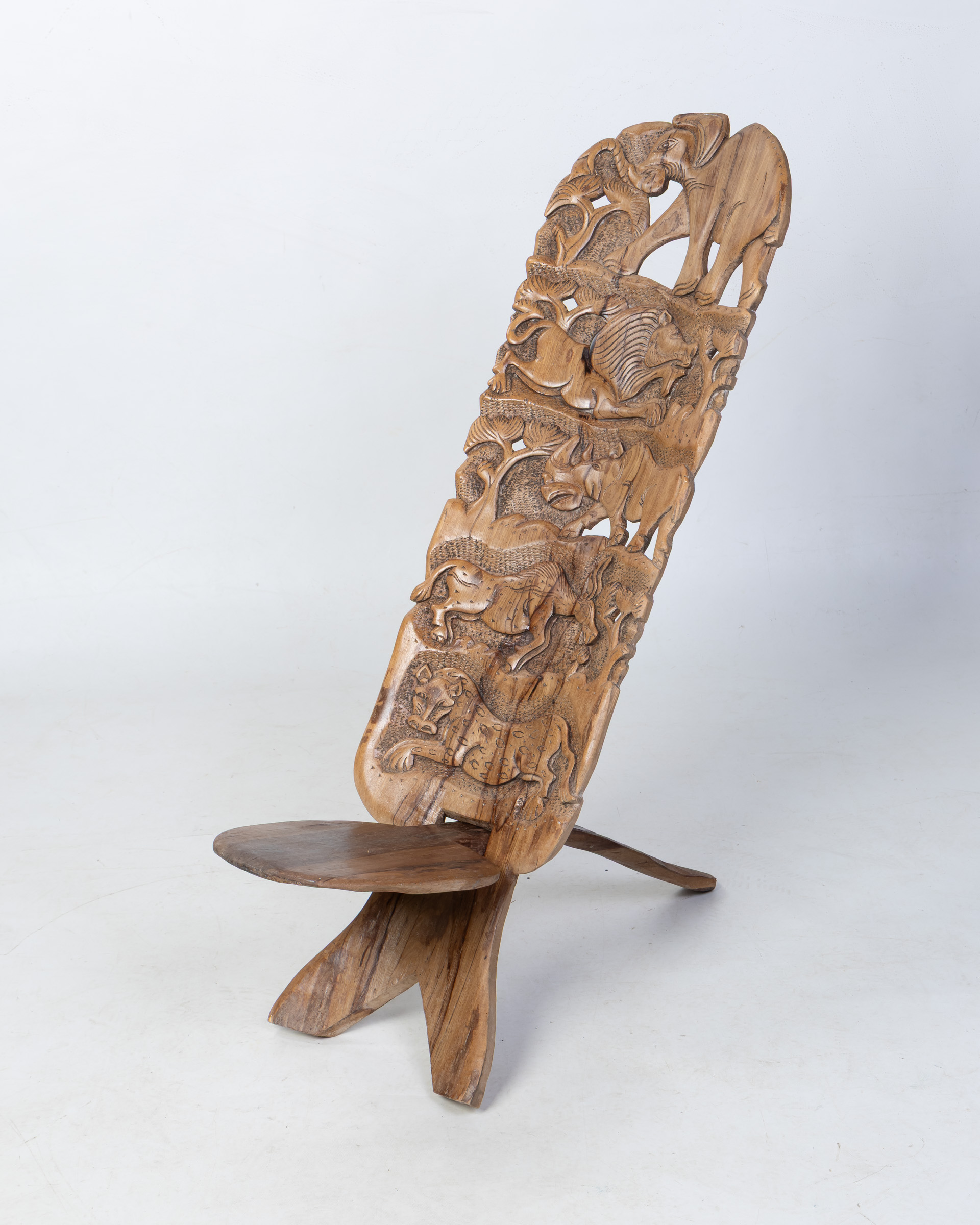 Hand-Carved Wooden African Wildlife Chair, Folk Art Accent Seating