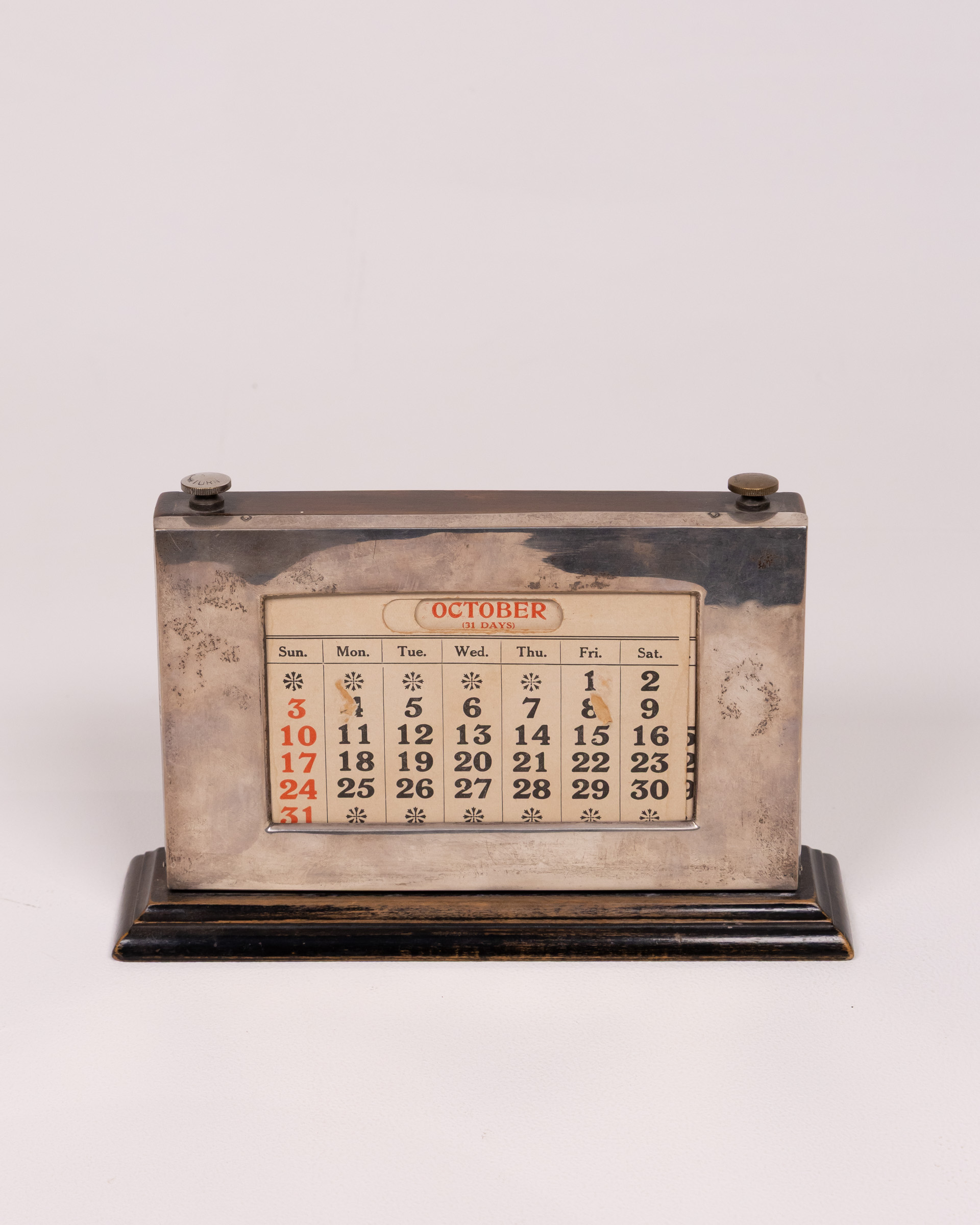 Vintage Silver-Plated Perpetual Desk Calendar, Wooden Base