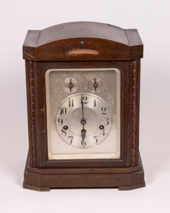 Vintage Wooden Mantle Clock with Silver Face, Brown Wood Case