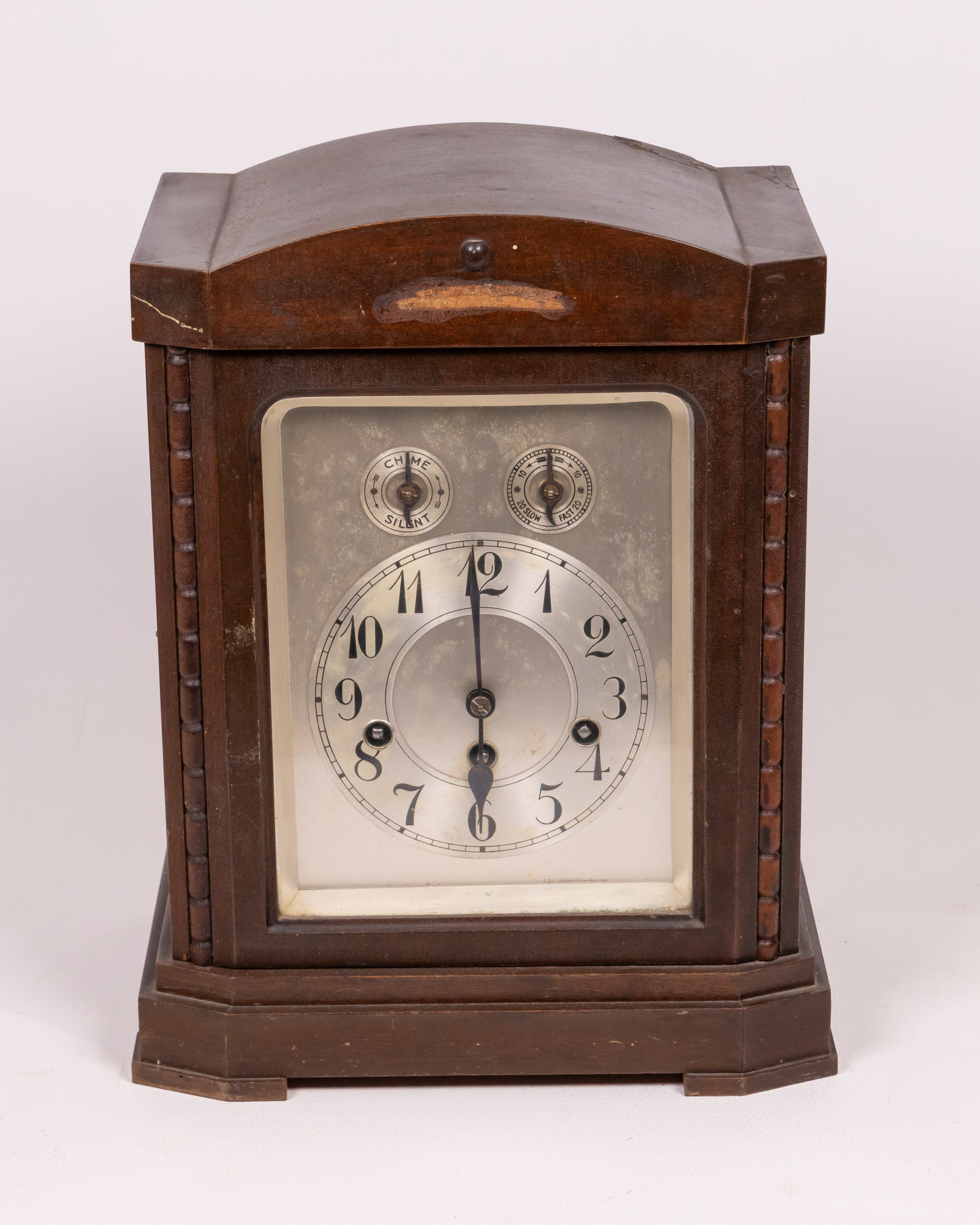 Vintage Wooden Mantle Clock with Silver Face, Brown Wood Case