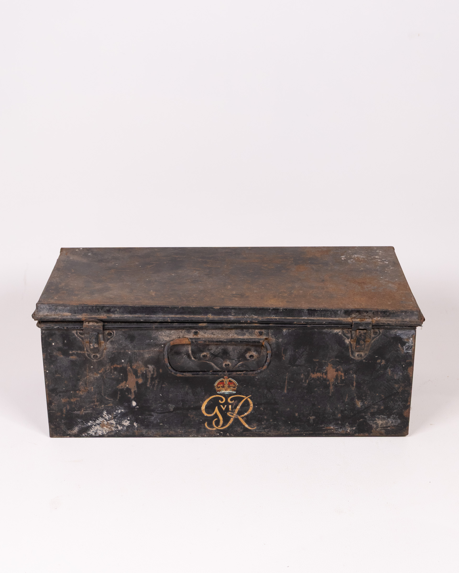 Vintage GVI R Metal Trunk, Black Storage Box with Crown Emblem