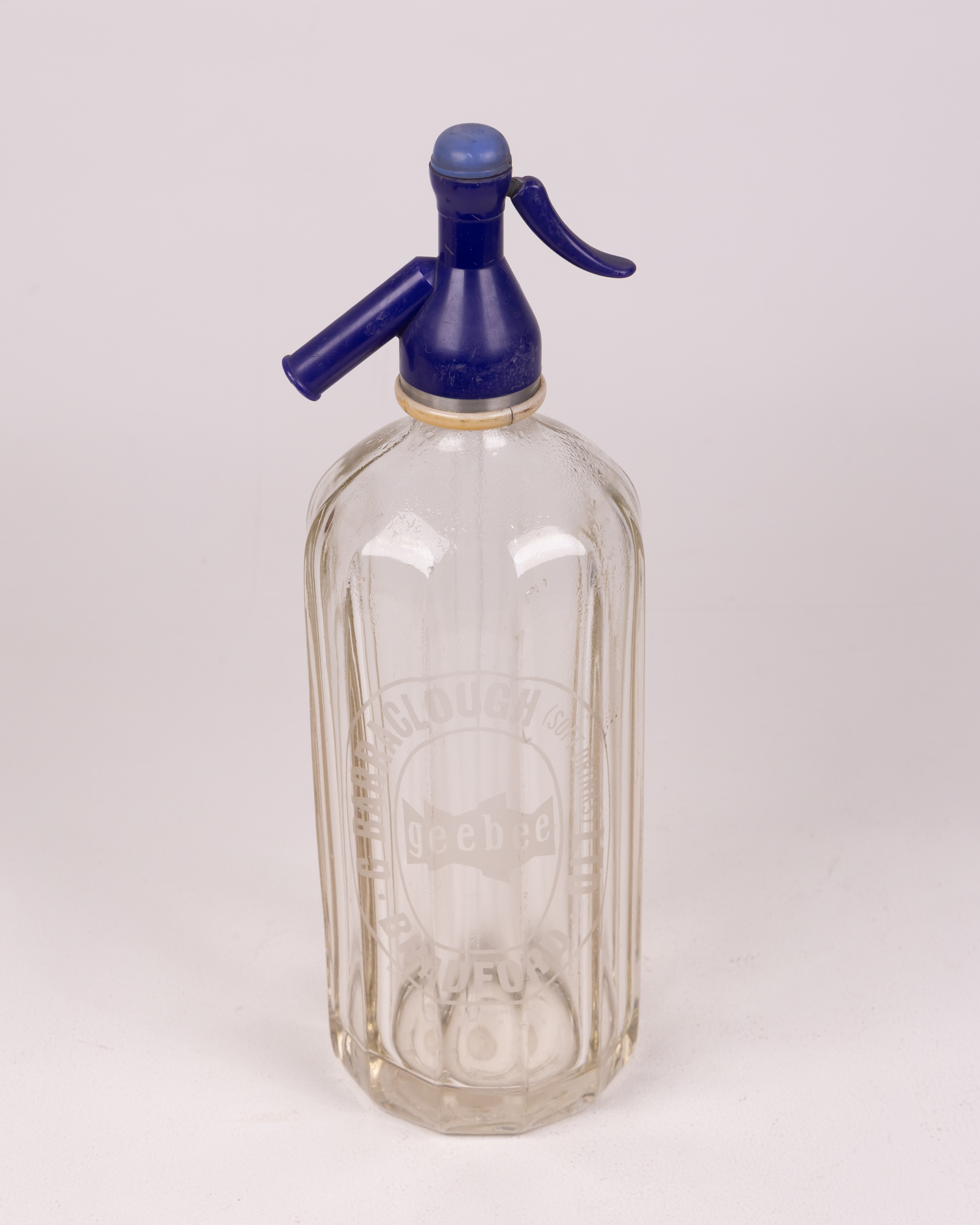 Vintage G Barraclough Glass Soda Siphon with Blue Top