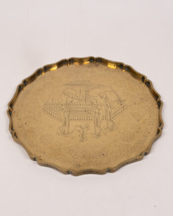 Vintage Etched Brass Scalloped Tray, Oriental Scene, Home Decor Display